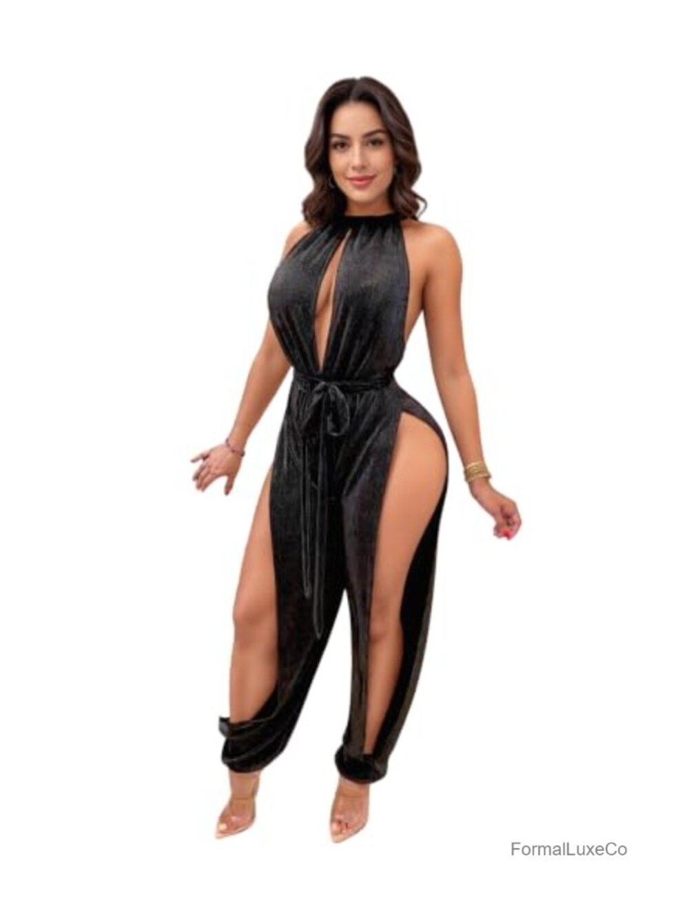 Women's Velvet Jumpsuit Sexy Halter Neck Sleeveless Clubwear Party Outfit